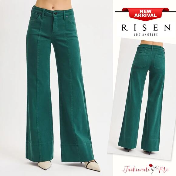 RISEN Tummy Control Mid Rise Seam Details Zip Fly Wide Leg Jeans | Hunter Green - Picture 1 of 7